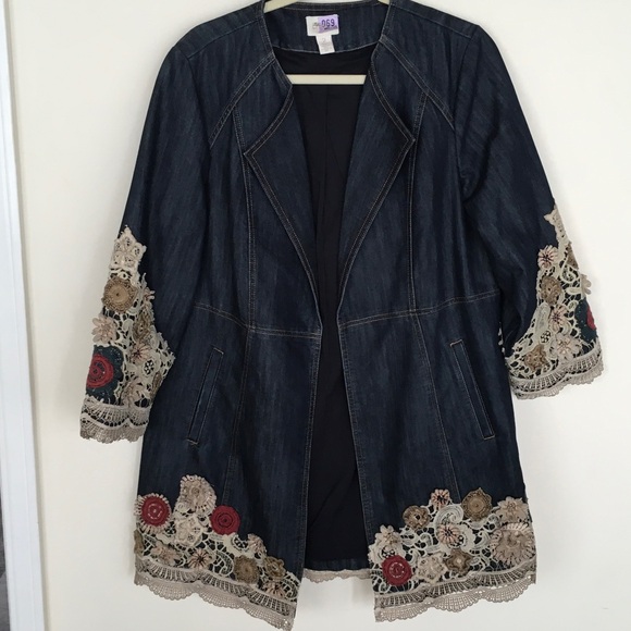 Chico's Jackets & Blazers - Dark Denim Crochet-Trim Open Front Jacket by